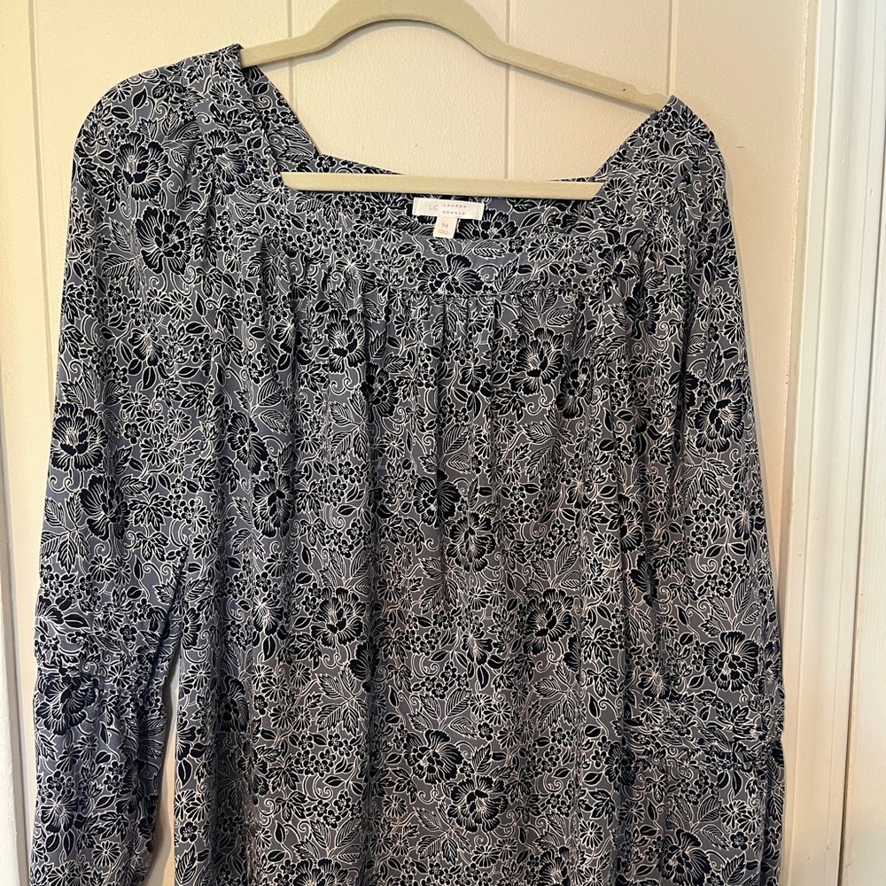 LC Lauren Conrad Blue and White Smocked Long Sleeve Blouse